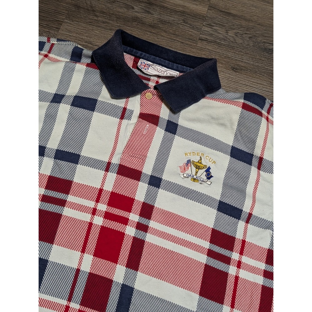 Vintage Slazenger Ryder Cup 1995 Oak Hill Plaid Polo Shirt Men XL Red White Blue